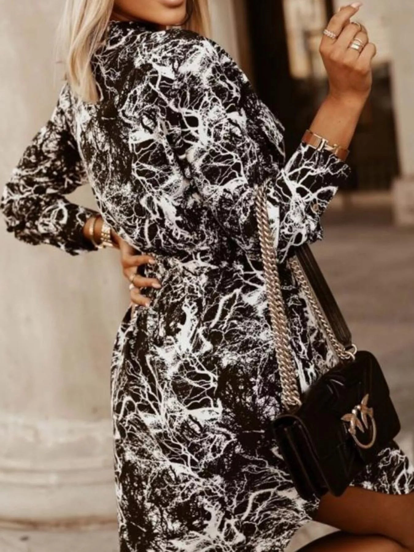 Printed Button Front Long Sleeve Dress
