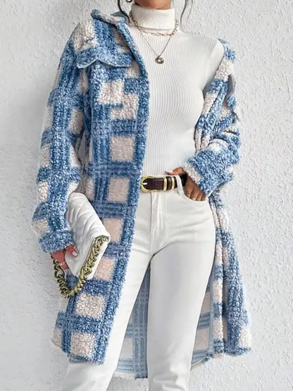 Plaid Button Up Long Sleeve Fleece Coat Sky Blue