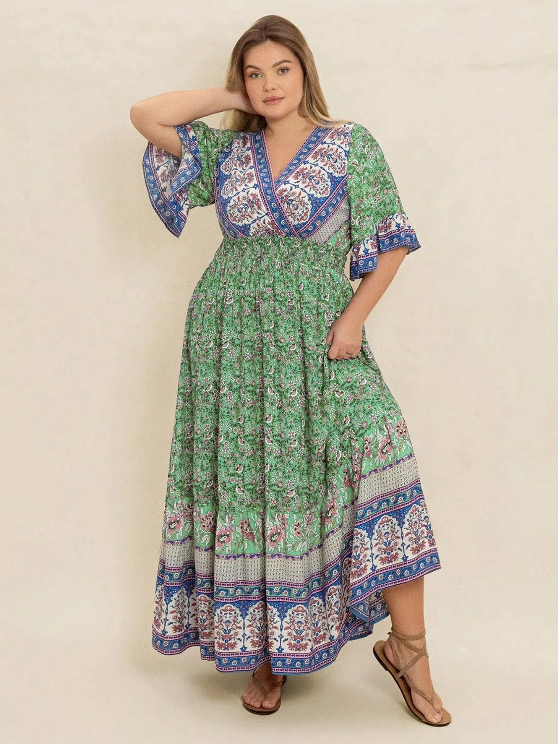 Plus Size Floral Print Smocked Waist Maxi Dress