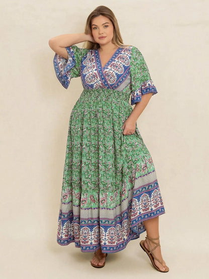 Plus Size Floral Print Smocked Waist Maxi Dress
