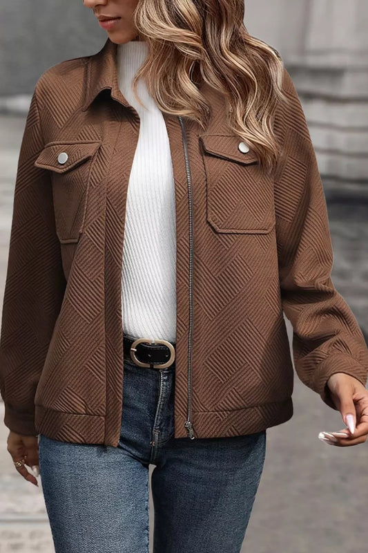 Solid Color Zip Up Button Flap Pocket Jackets Brown