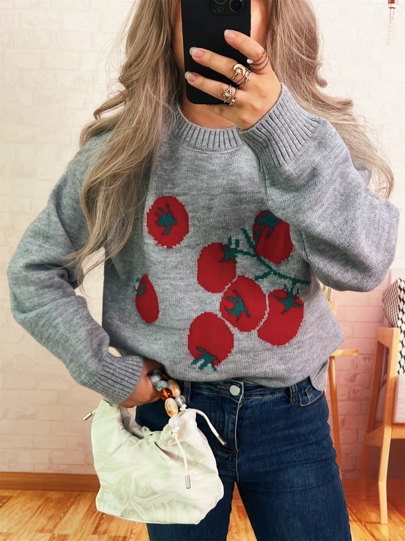 Persimmon Round Neck Long Sleeve Sweater Gray One Size