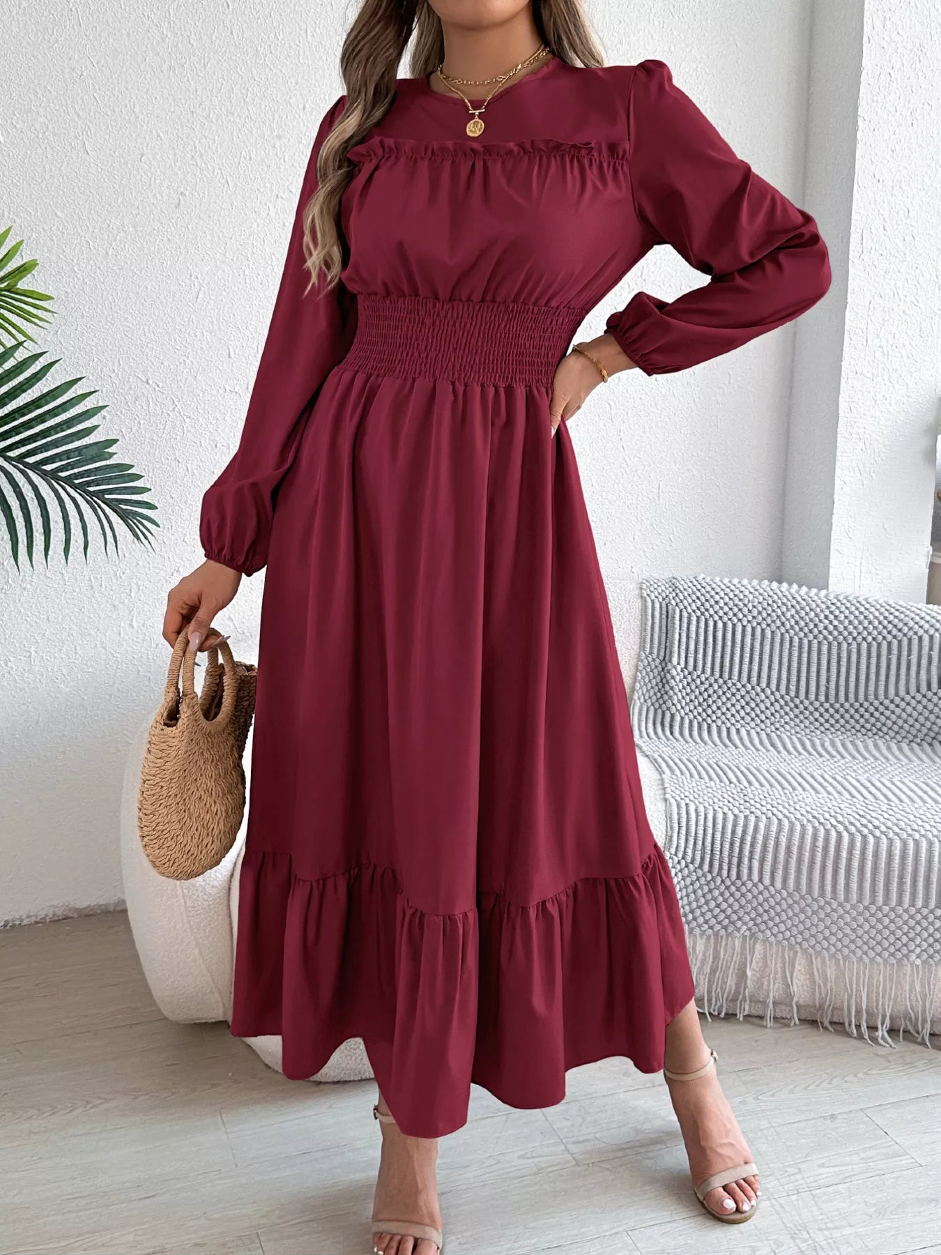 Round Neck Balloon Sleeve Tiered Dress Burgundy