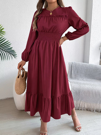 Round Neck Balloon Sleeve Tiered Dress Burgundy