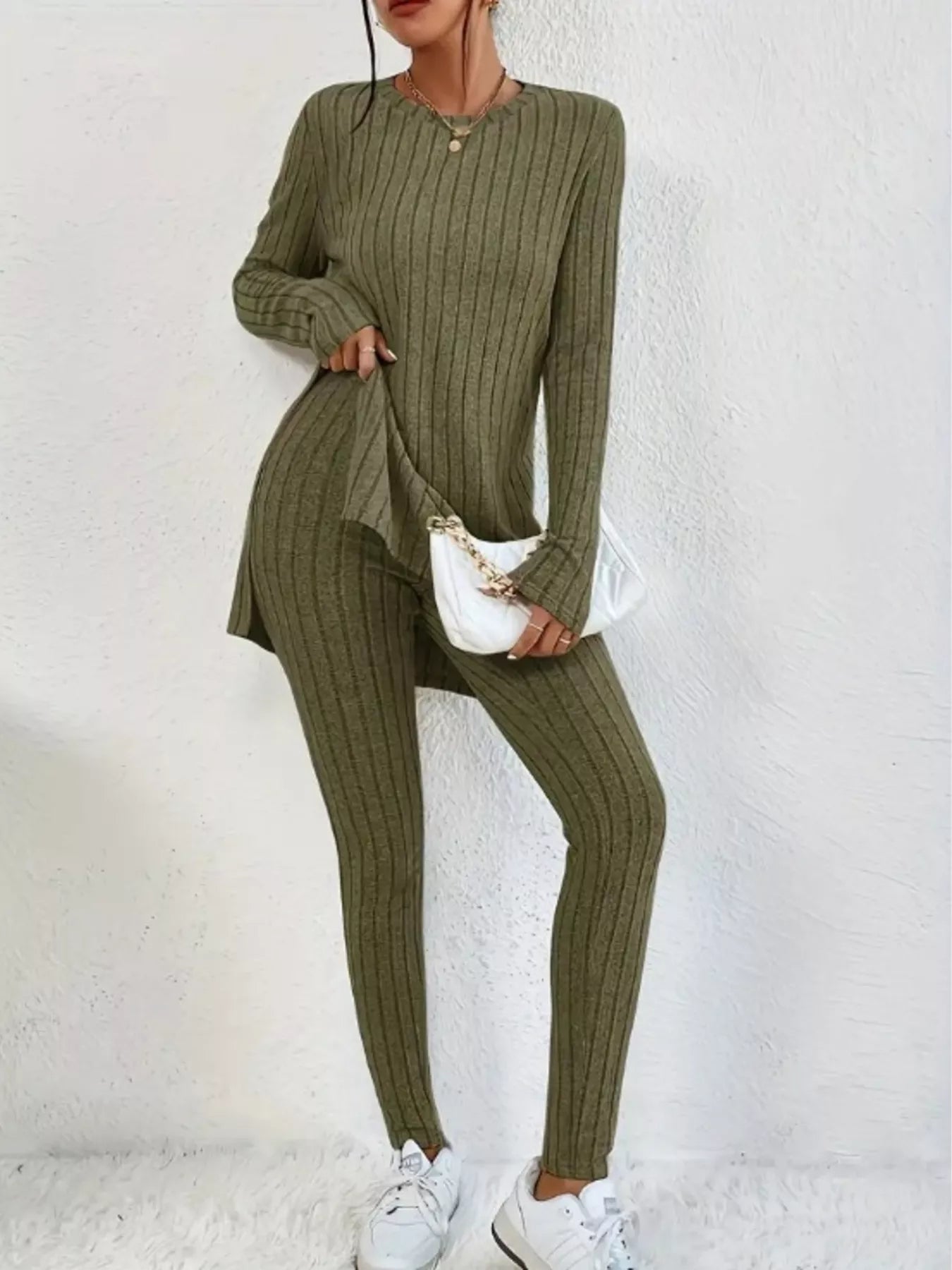 Side Slit Ribbed Top and Pants Set