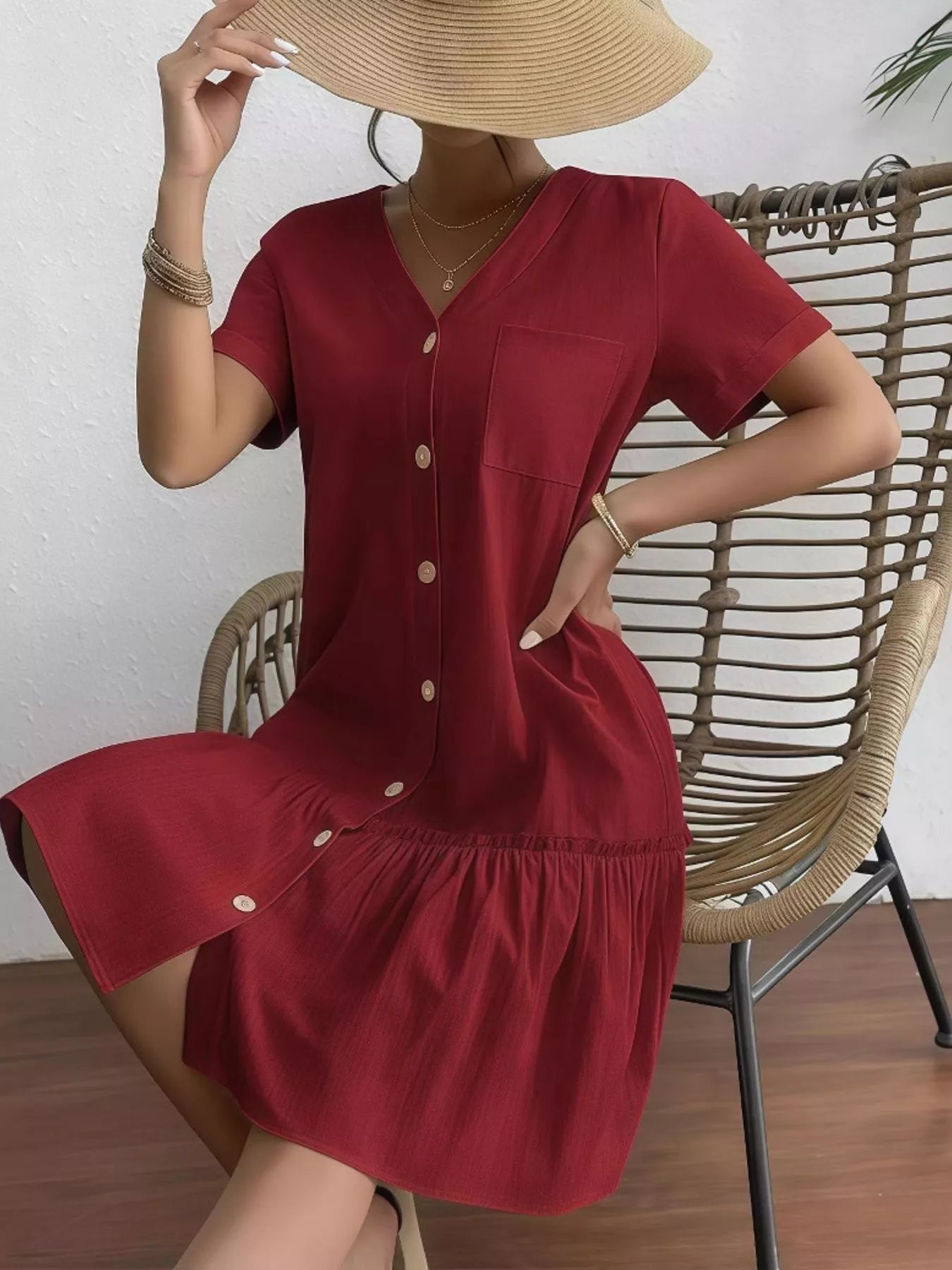 Full Size Button-Front Short Sleeve Tiered Dress Plus Size Wine Red