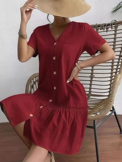 Full Size Button-Front Short Sleeve Tiered Dress Plus Size Wine Red
