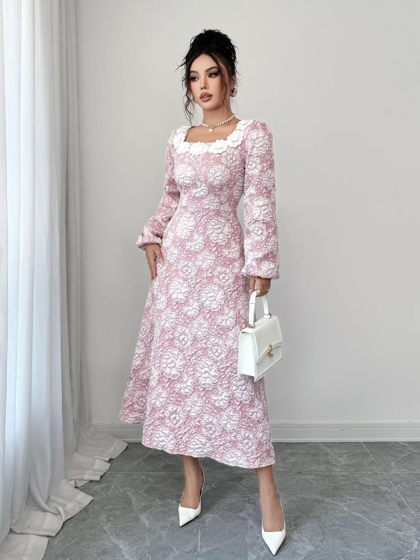 Floral Textured Square Neck Midi Dress