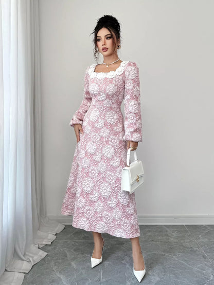Floral Textured Square Neck Midi Dress