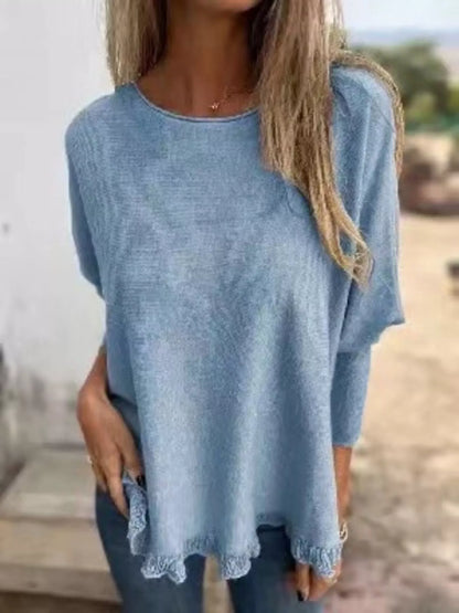 Full Size Round Neck Long Sleeve Knit Top with Lace Trim Plus Size Light Blue