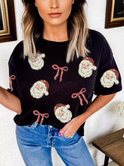 Sequin Christmas Bow Santa Claus Patched T Shirt