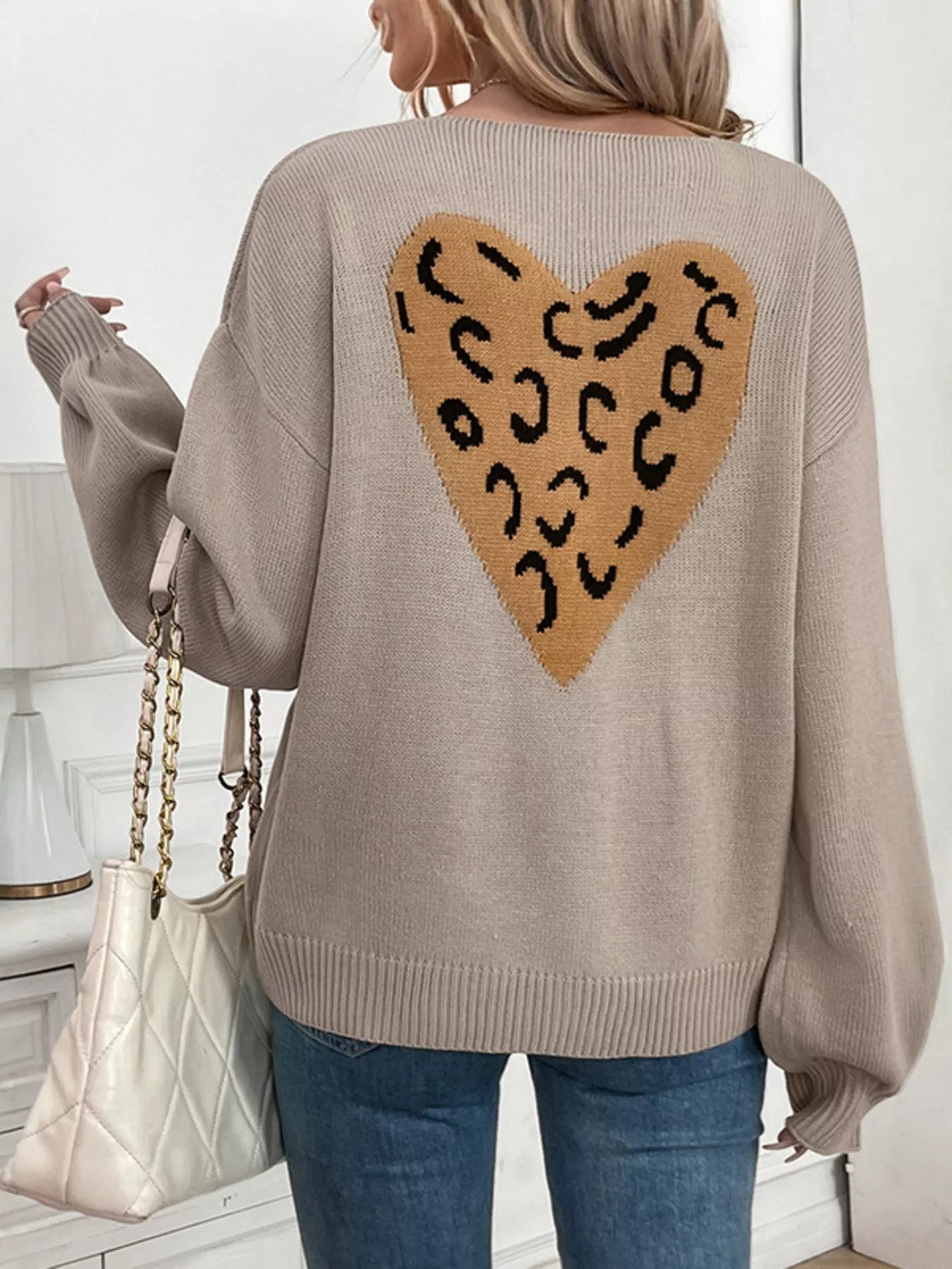 Leopard Heart Back Tie-Front Knit Cardigan