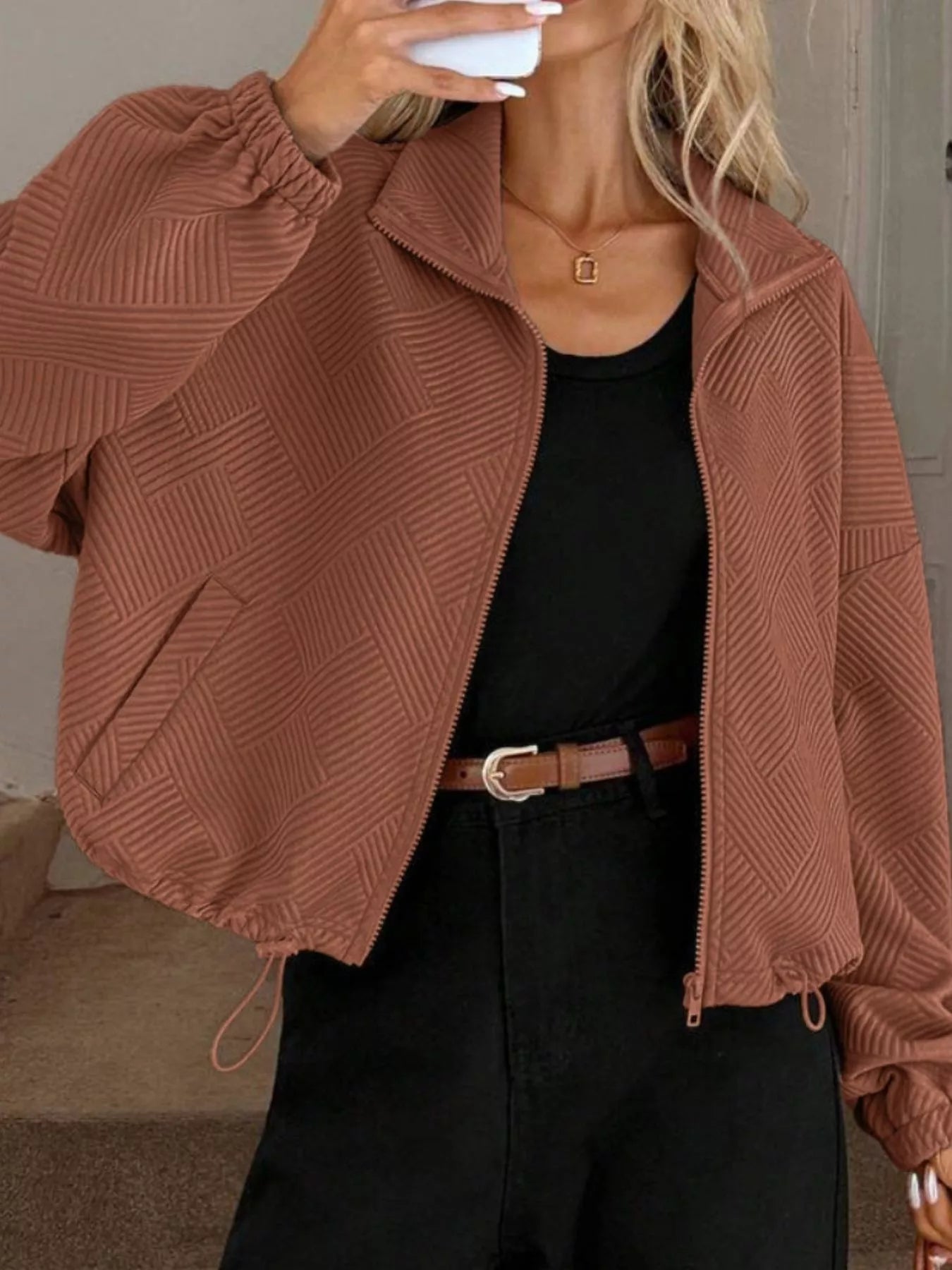 Textured Zip-Up Drawstring Hem Jacket