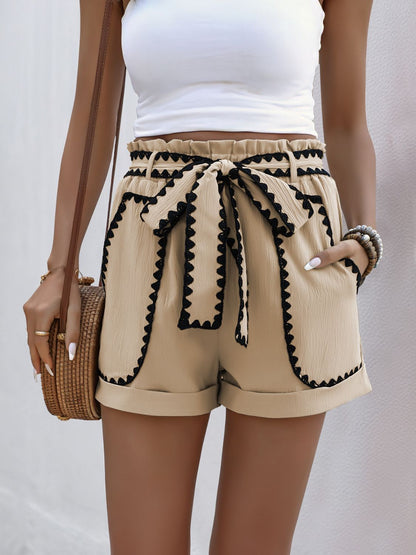 Perfee Tied Contrast Trim Shorts Tan