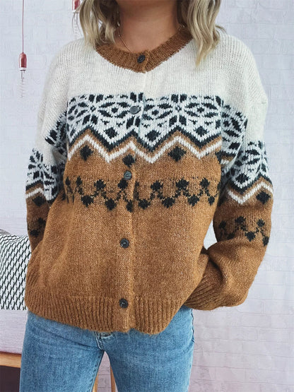 Christmas Button Up Drop Shoulder Cardigan Khaki One Size