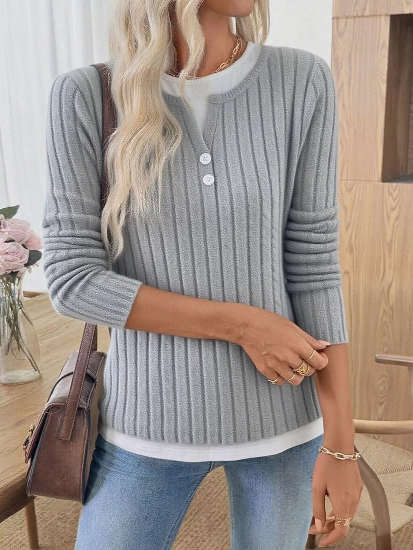 Ribbed Knit Button Detail Contrast Sweater Light Gray