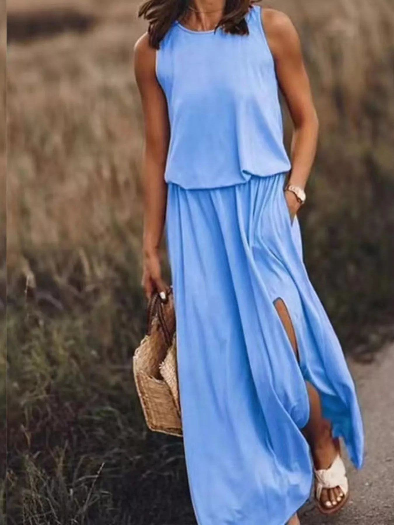 Full Size Round Neck Sleeveless Slit Maxi Dress Plus Size Sky Blue