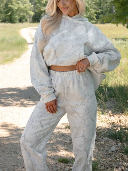 Abstract Print Loose Drop Sleeve Hoodie and Elastic Waistband Pants Set