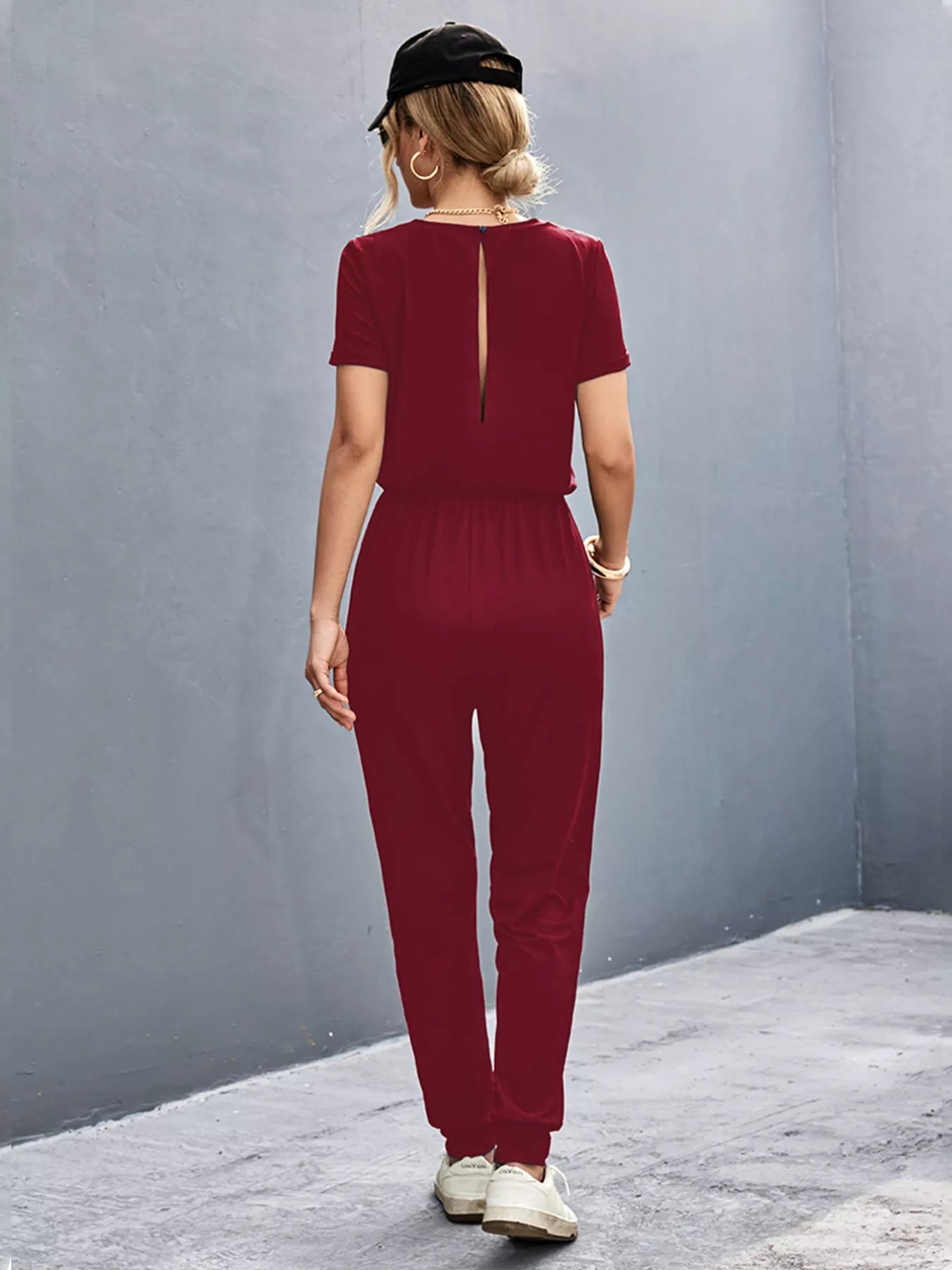 Casual V-Neck Short Sleeve Drawstring Waist Jumpsuit