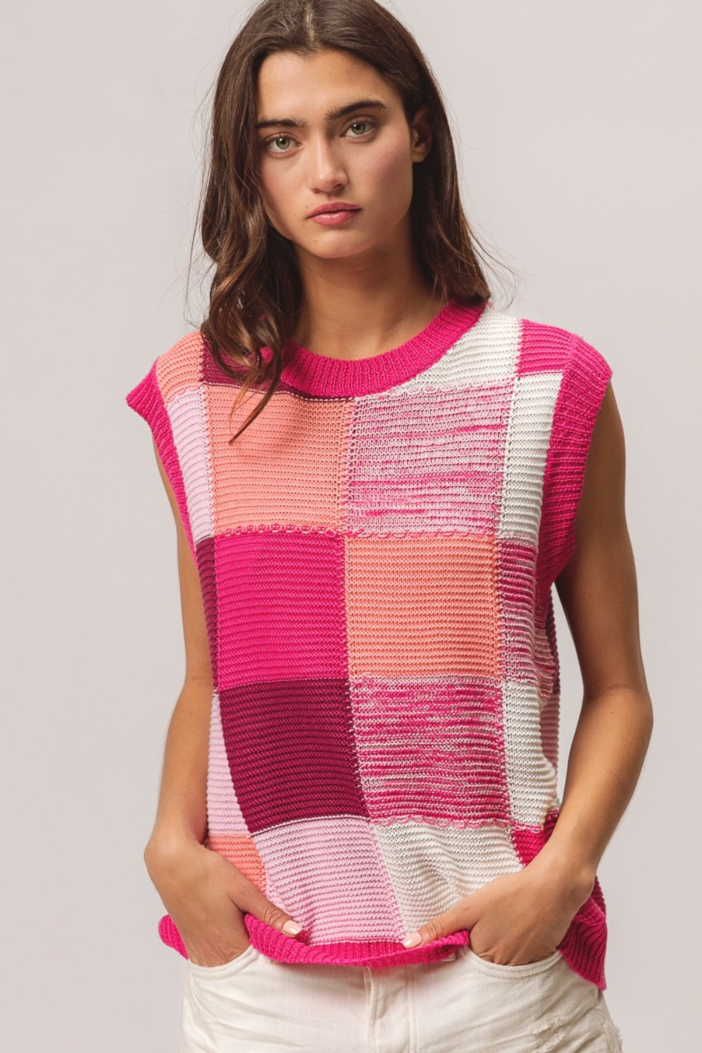 Patriotic Colorblock Sweater Vest for Women Fuchsia Combo