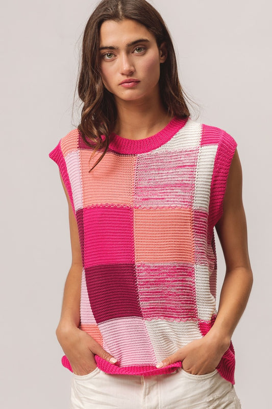 Patriotic Colorblock Sweater Vest for Women Fuchsia Combo