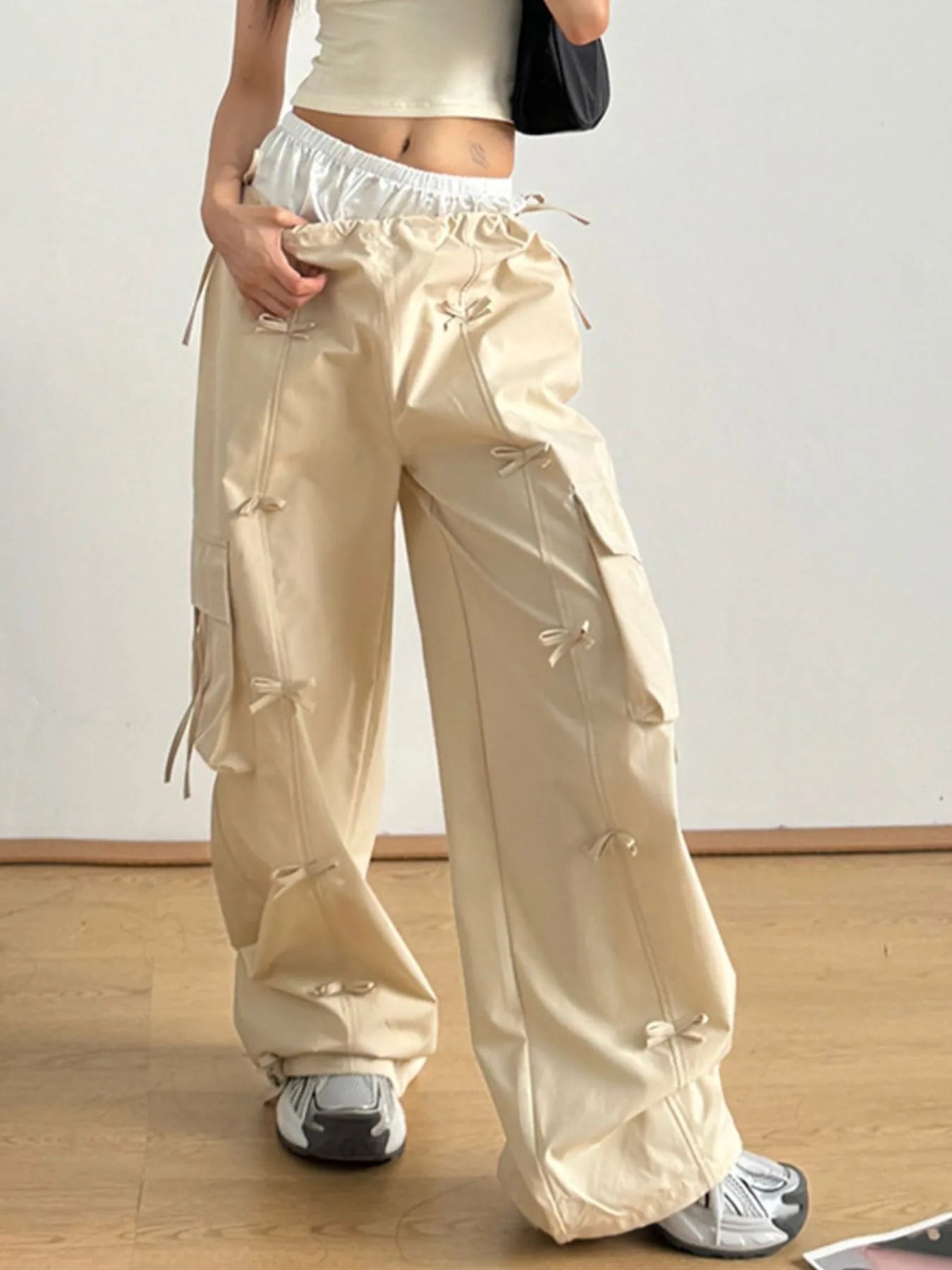 Bow Elastic Waist Cargo Pants
