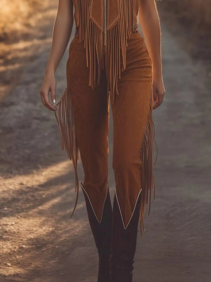 Western Style Fringe Zip Front Jumpsuit