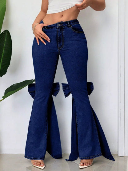 Bow-Accented Flare Leg Jeans Dark Blue