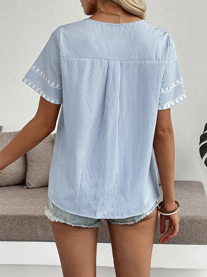 Floral Striped V-Neck Short Sleeve Shirt