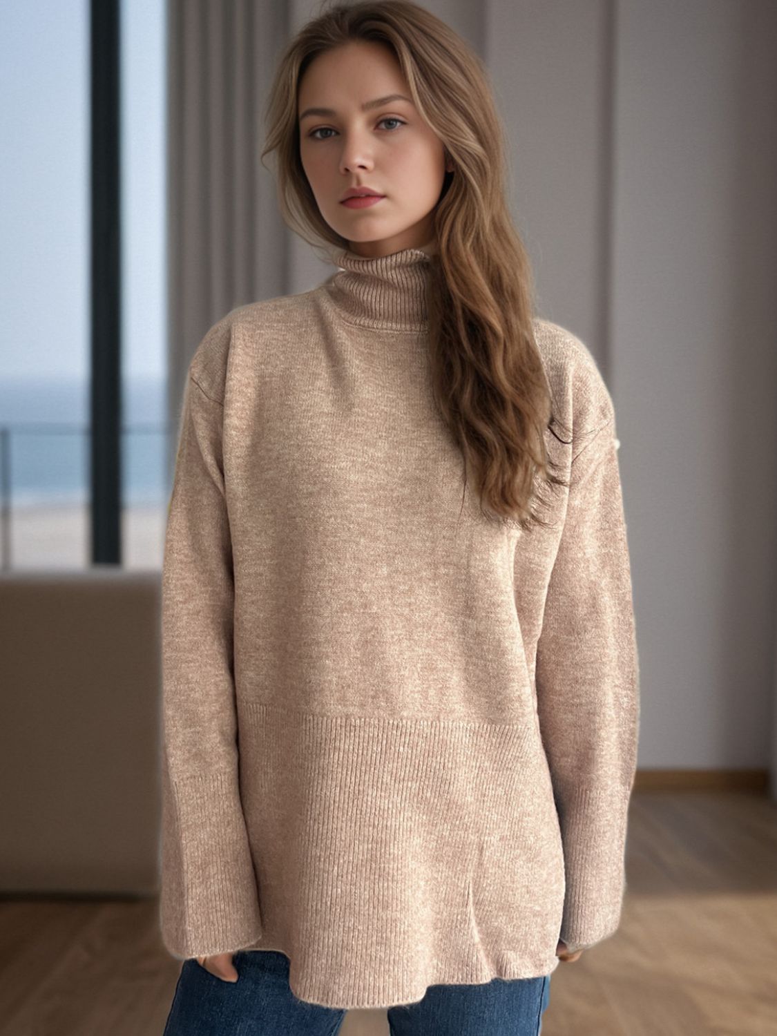 Side Slit Turtleneck Long Sleeve Sweater Camel One Size