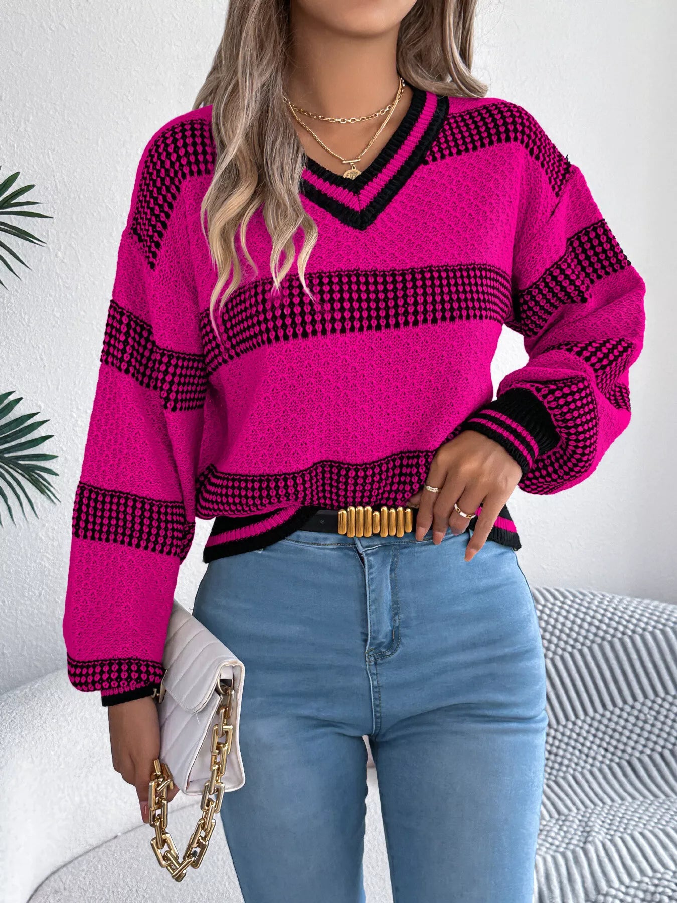 Contrast Striped V-Neck Sweater