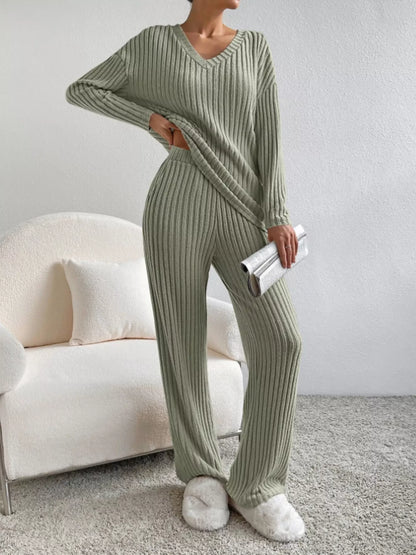 Ribbed Knit Long Sleeve Top and Pants Set Army Green