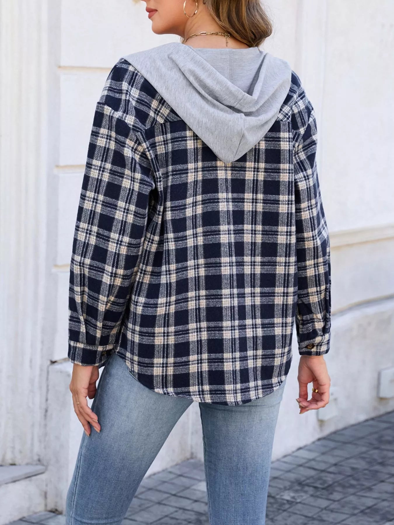 Hooded Plaid Button-Up Shacket