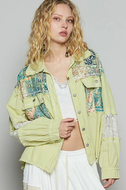 POL Printed Woven Mix Raw Hem Jacket with Lace Detail Sage