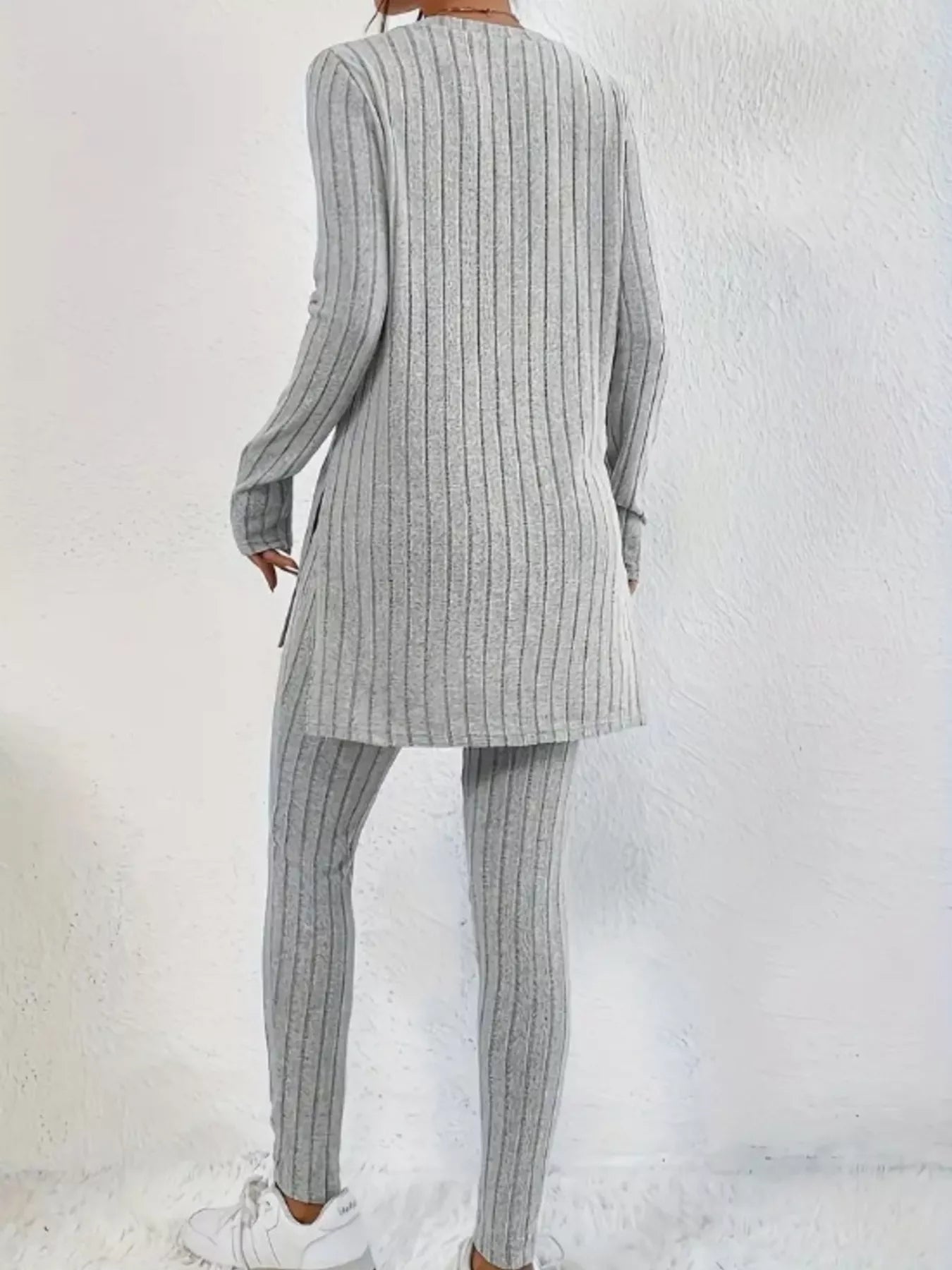 Side Slit Ribbed Top and Pants Set Light Gray