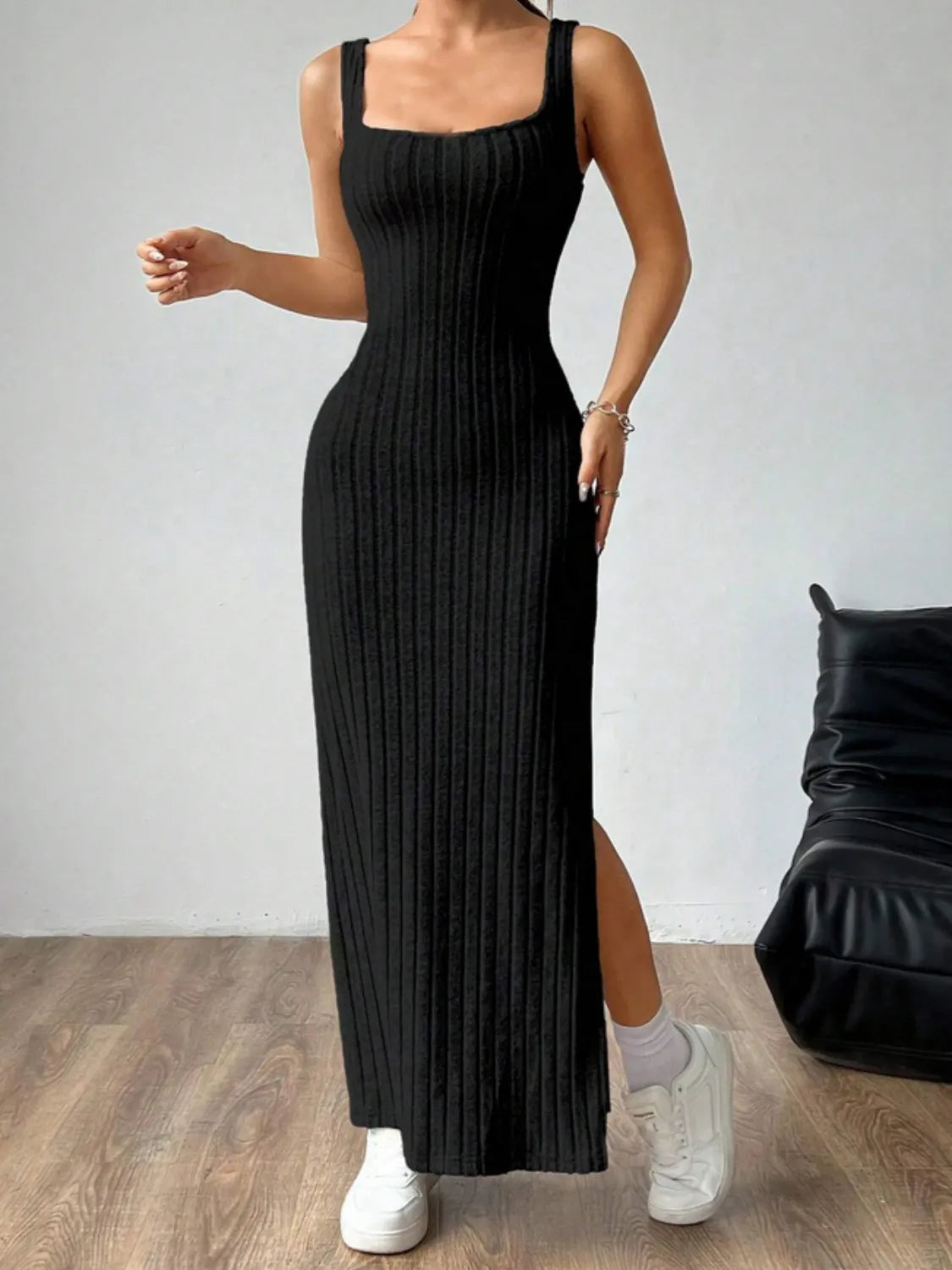 Cutout Square Neck Wide Strap Knit Dress