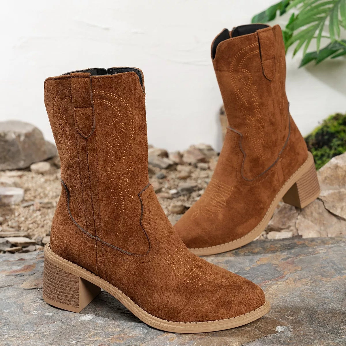 Suede Block Heel Western Boots