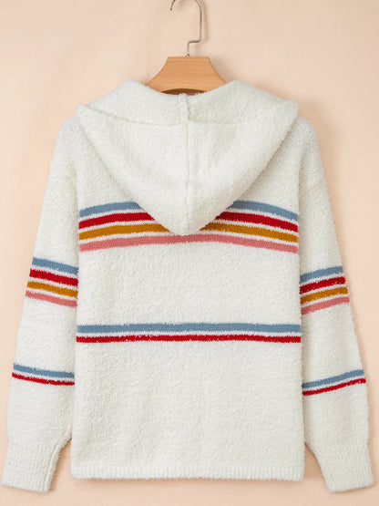 Multicolored Striped Accent Hooded Popcorn Sweater