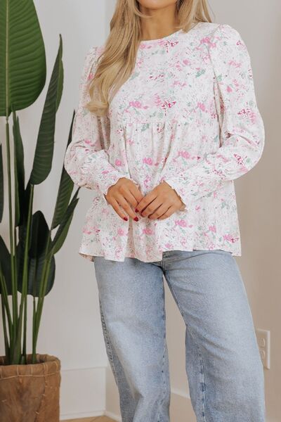 Printed Round Neck Long Sleeve Blouse