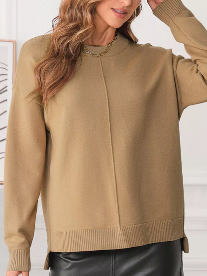 Center Seam Drop Shoulder Pullover Solid Sweater