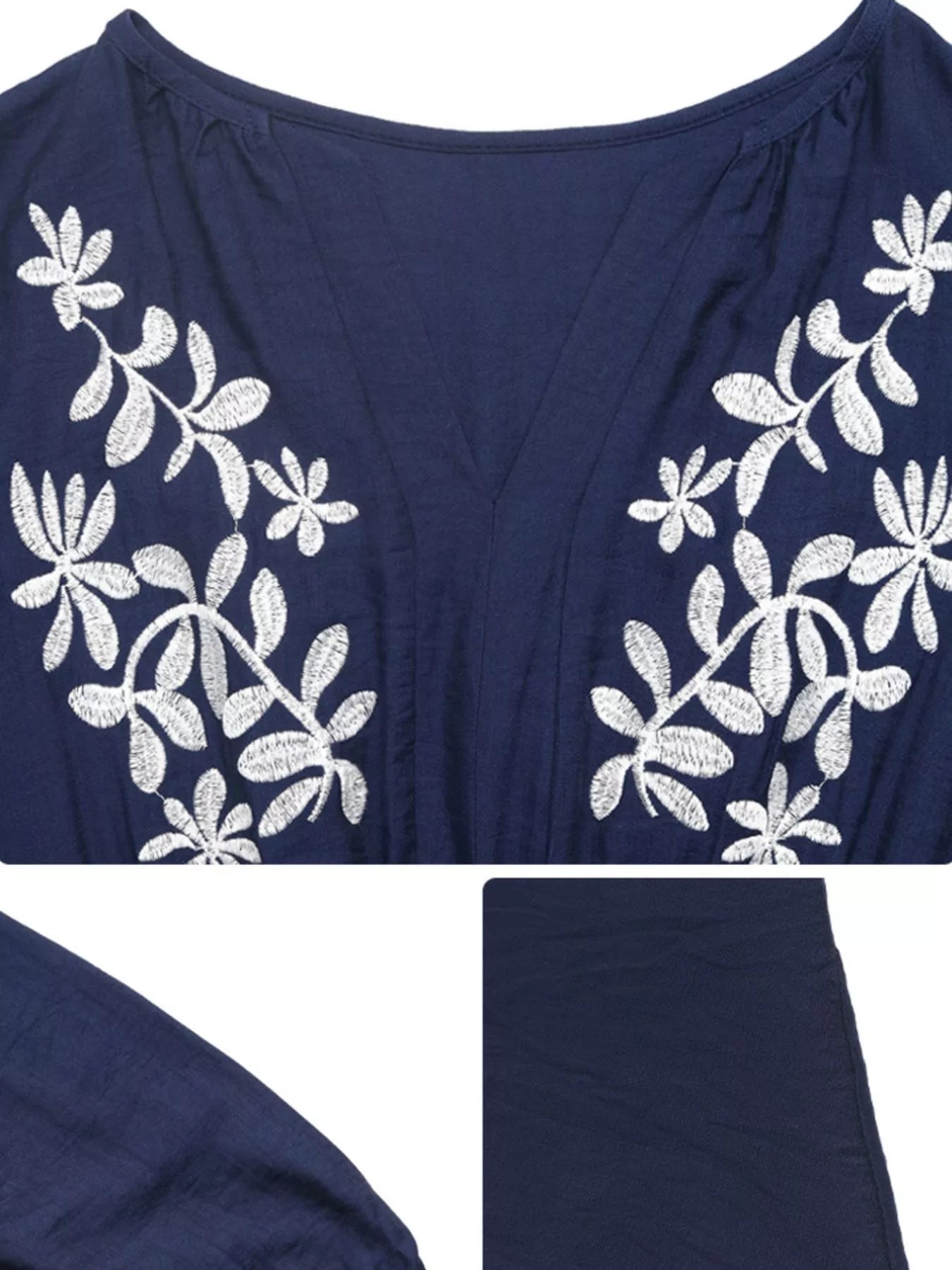 Embroidered Notched Long Sleeve Midi Dress