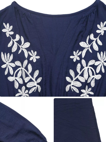 Embroidered Notched Long Sleeve Midi Dress