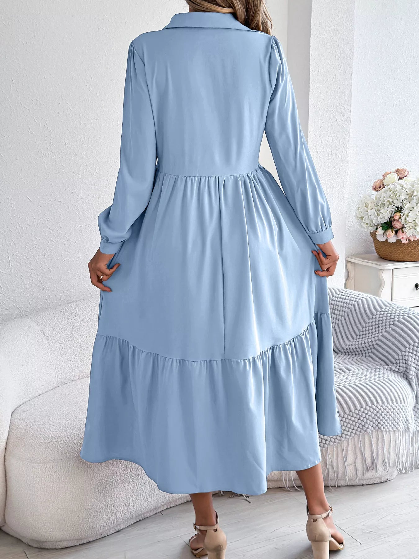 Long Sleeve Tiered Button Front Midi Dress