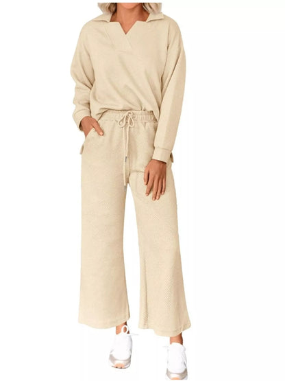 Side Slit Textured Top and Drawstring Pants Set Apricot