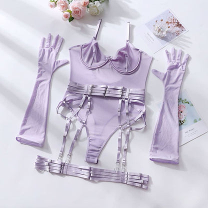 Women's Sexy One-Piece Bodysuit with Gloves and Bandage See-Through Mesh Suit Purple