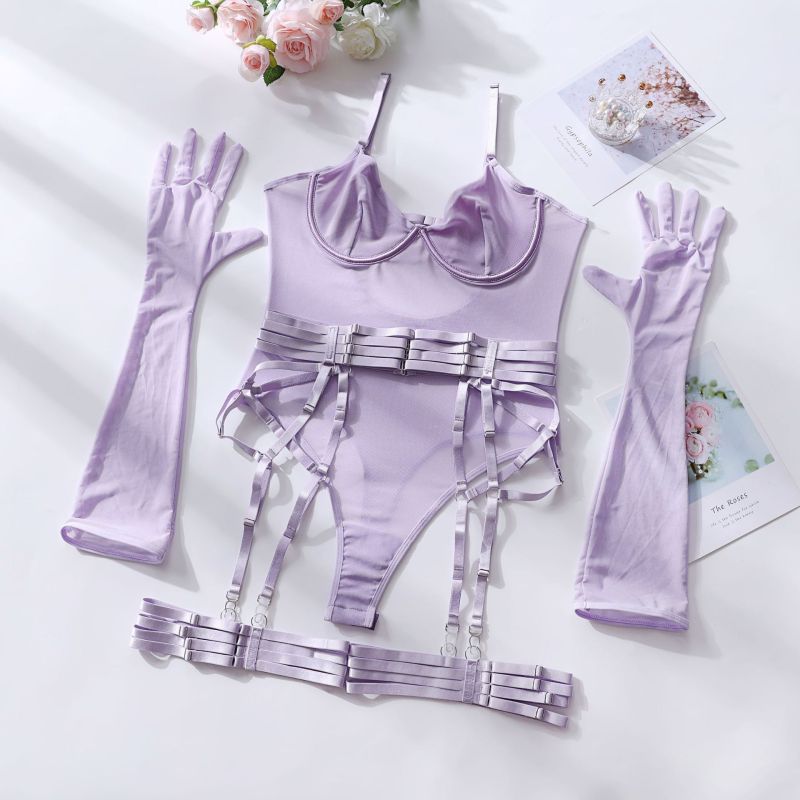 Women's Sexy One-Piece Bodysuit with Gloves and Bandage See-Through Mesh Suit Purple
