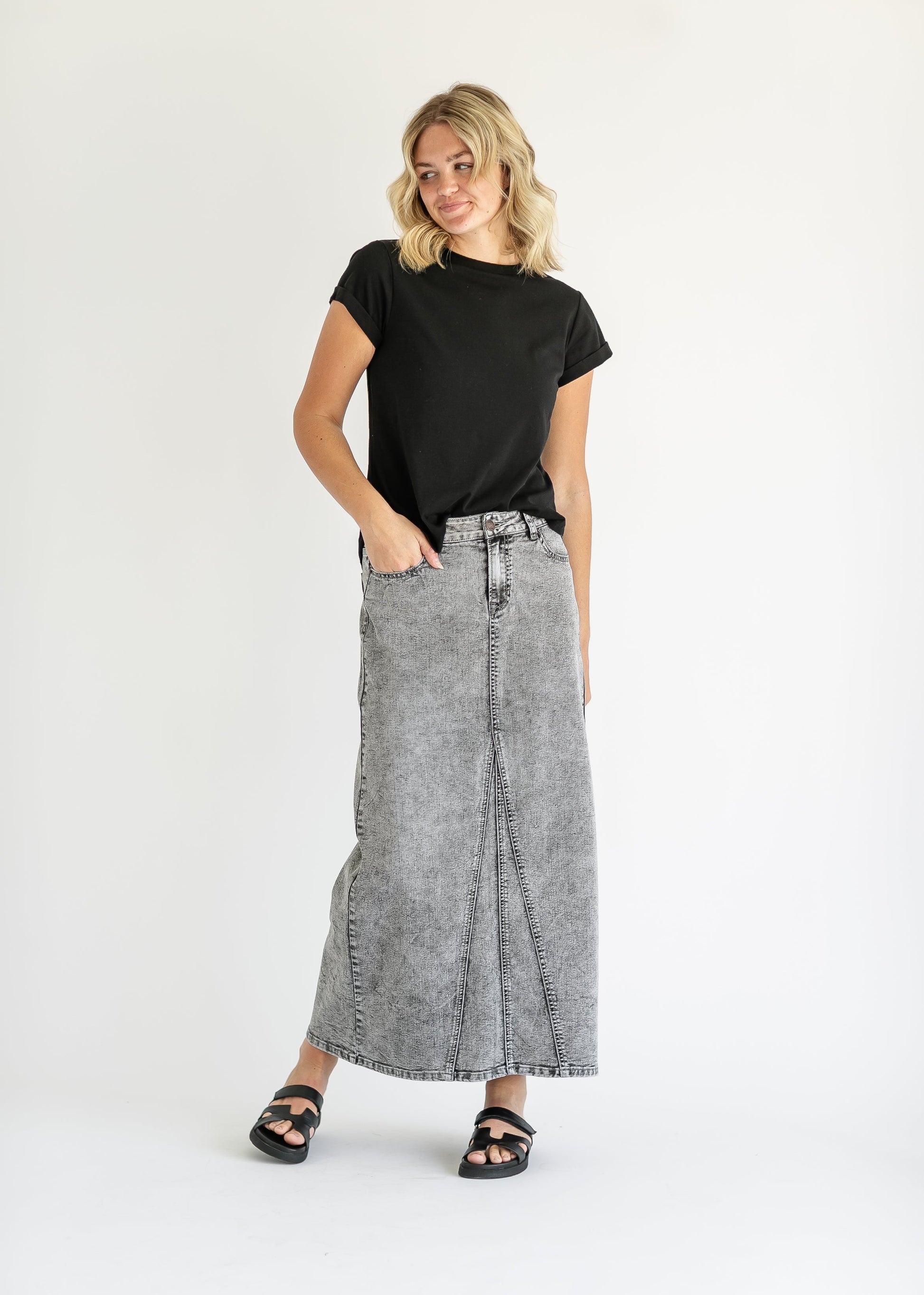 Genevieve A-line Denim Maxi Skirt