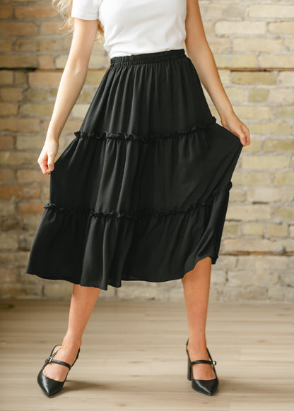 Giana Ruffle Tiered Midi Skirt Black