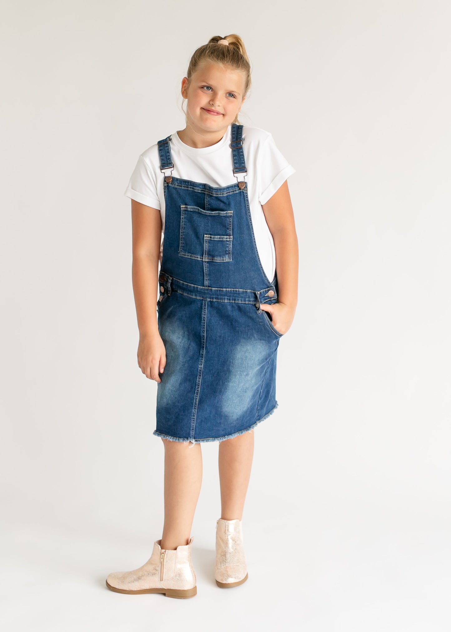 Girl's Aria Denim Overall Jumper Dress - FINAL SALE Medium Wash