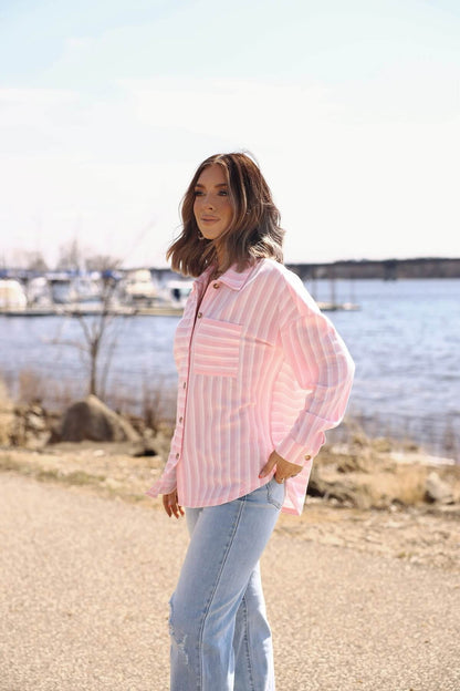 Glenn Pink and White Striped Button Down Top - FINAL SALE